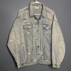 POL Jean Jacket Women's Small Button Up Studded Distressed Boho Oversized